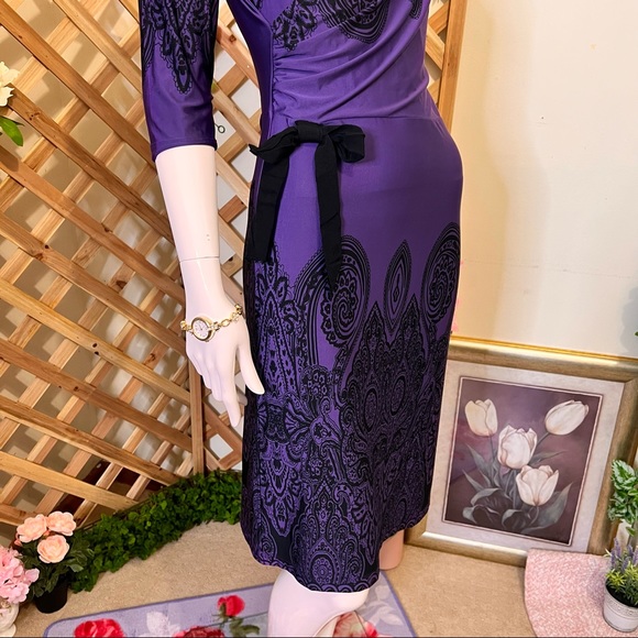 Charlie Brown V-Neck Midi 3/4 Sleeves Dress Midnight Blue Violet w Black Pattern - Picture 3 of 14